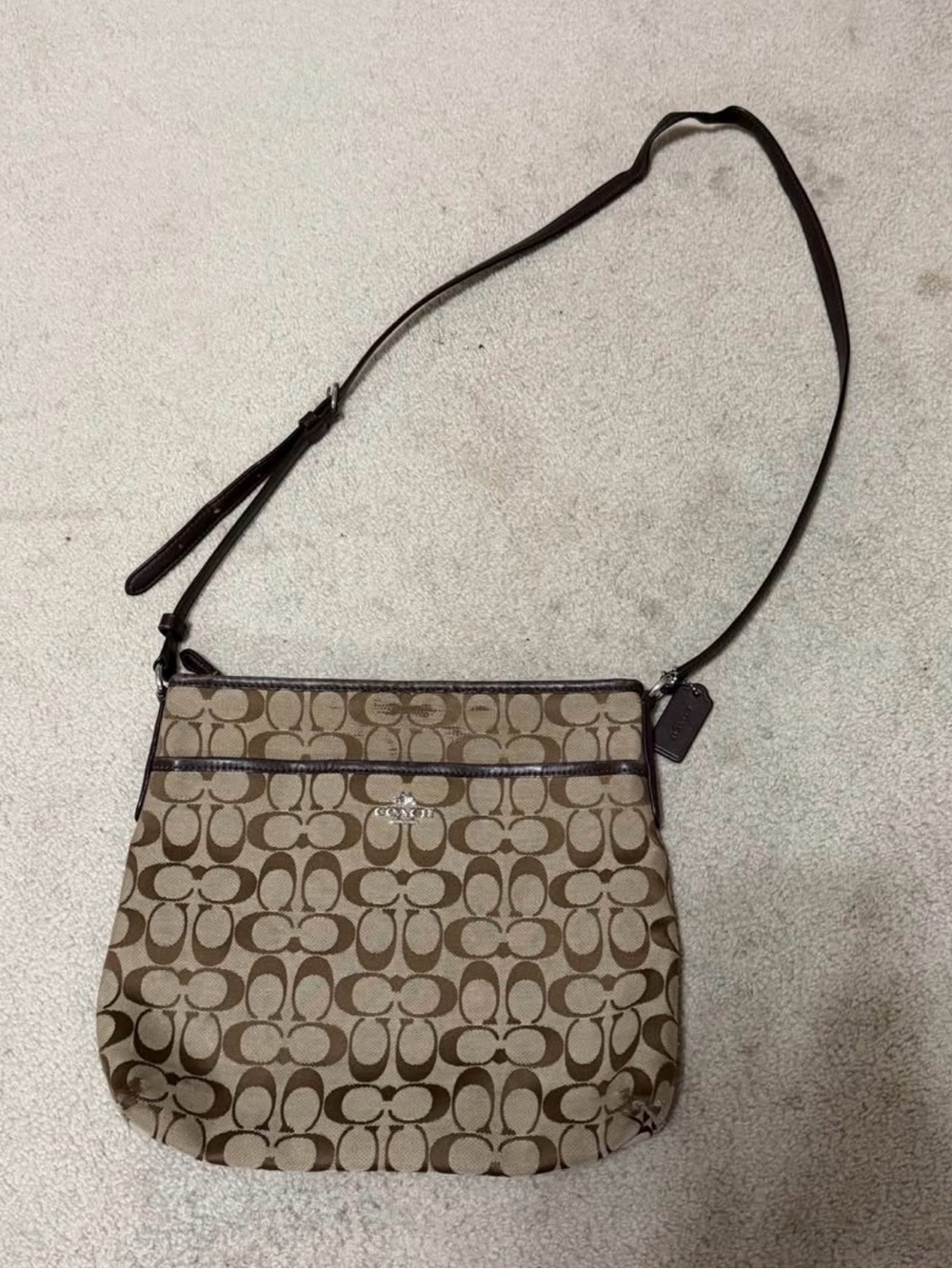Coach Tan and Brown Signature Jacquard Crossbody Bag